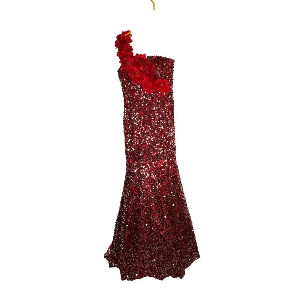 Tiffany Designs 4 Dress Sequin Red One Shoulder Dramatic Mermaid Floral Gown - Picture 2 of 8
